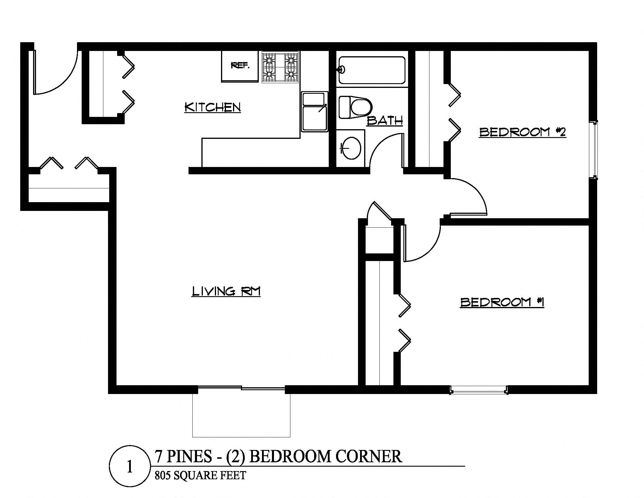Floor plan for 2 beds, 1 bath, 805 sqft